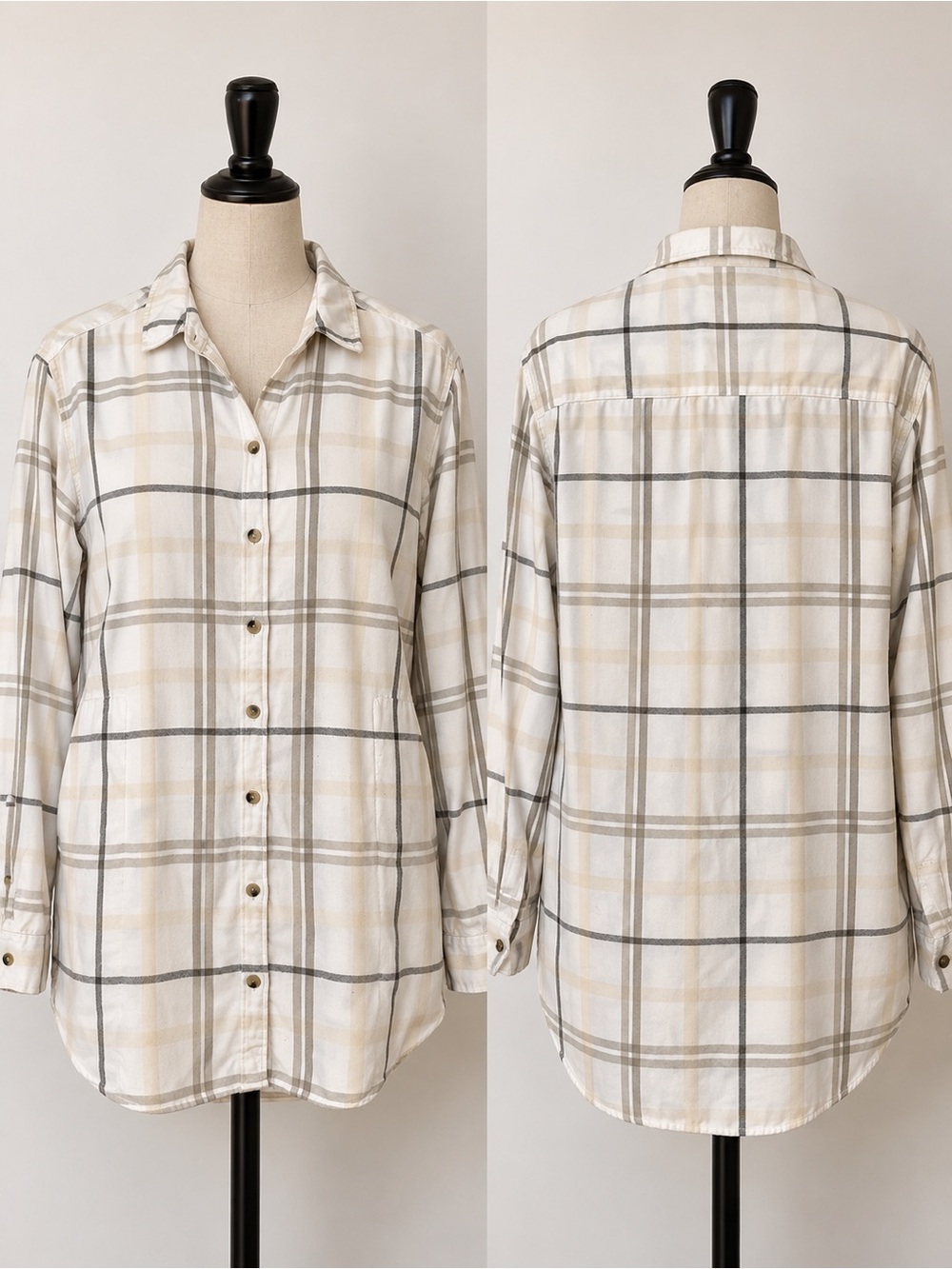 JACHS Girlfriend Plaid Flannel Shirt Women’s XL Cream Gray Button Down Pockets